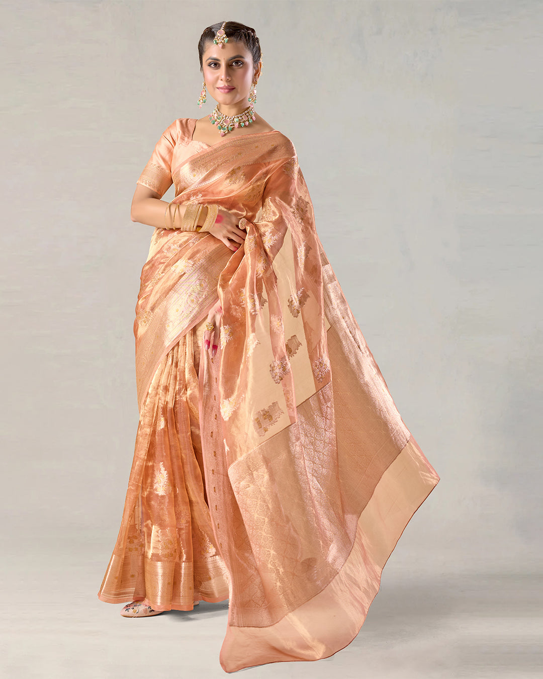 Heritage Peach Gold Pure Tissue Saree with Floral Golden Zari Accents