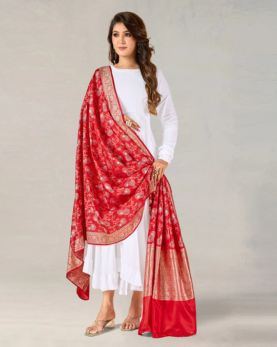 Red Pure Katan Silk Dupatta with Gleaming Floral Weaves