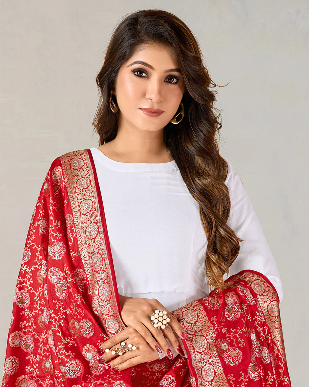 Red Pure Katan Silk Dupatta with Gleaming Floral Weaves