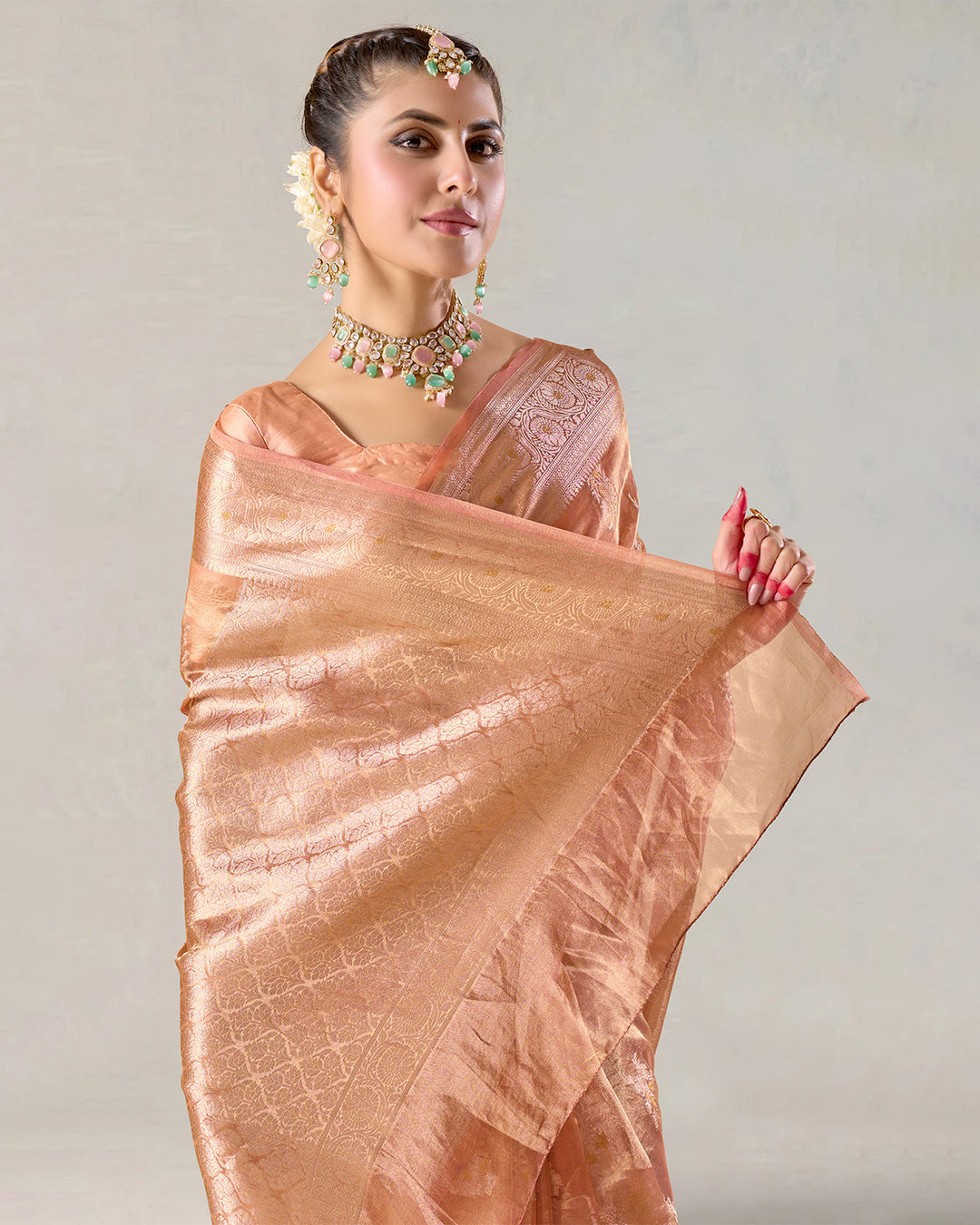 Heritage Peach Gold Pure Tissue Saree with Floral Golden Zari Accents