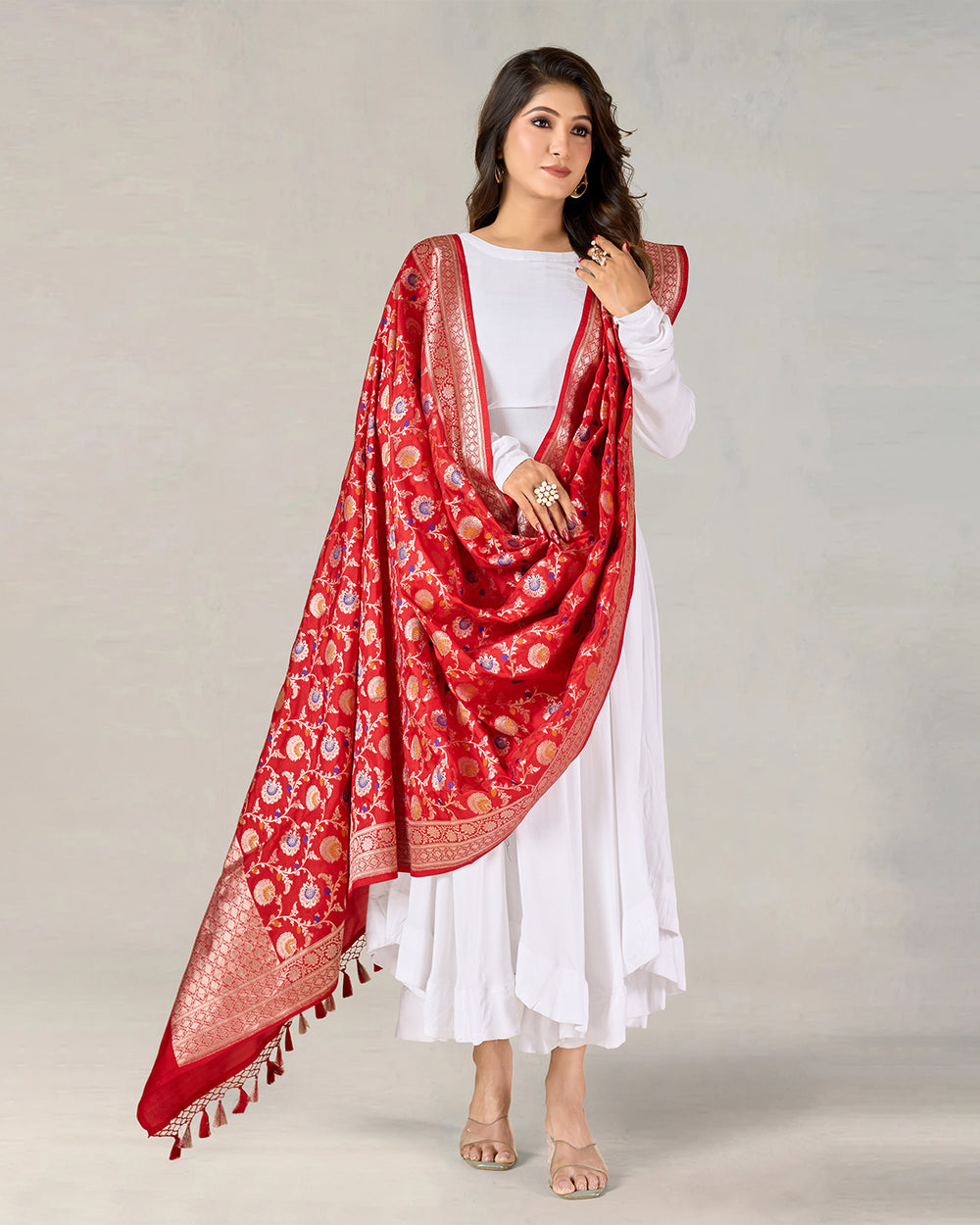 Heritage Red Pure Katan Silk Dupatta with Vibrant Multicolor Floral Highlights
