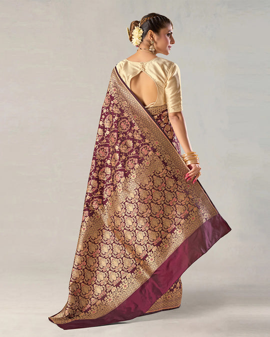 Deep Wine Pure Katan Saree with Regal Zari Jaal and Rich Pallu