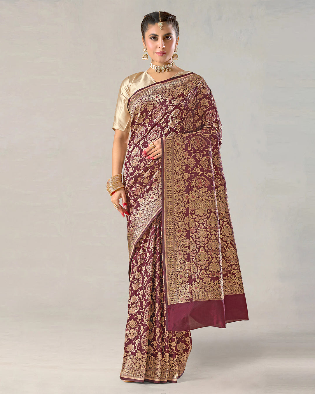 Deep Wine Pure Katan Saree with Regal Zari Jaal and Rich Pallu