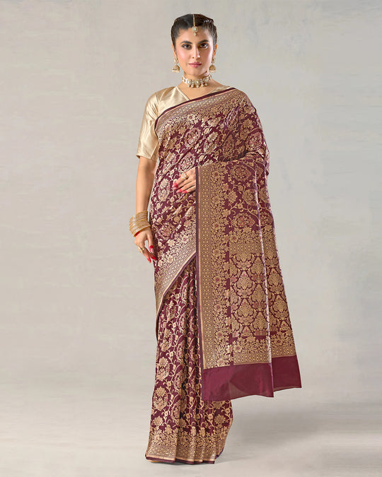 Deep Wine Pure Katan Saree with Regal Zari Jaal and Rich Pallu
