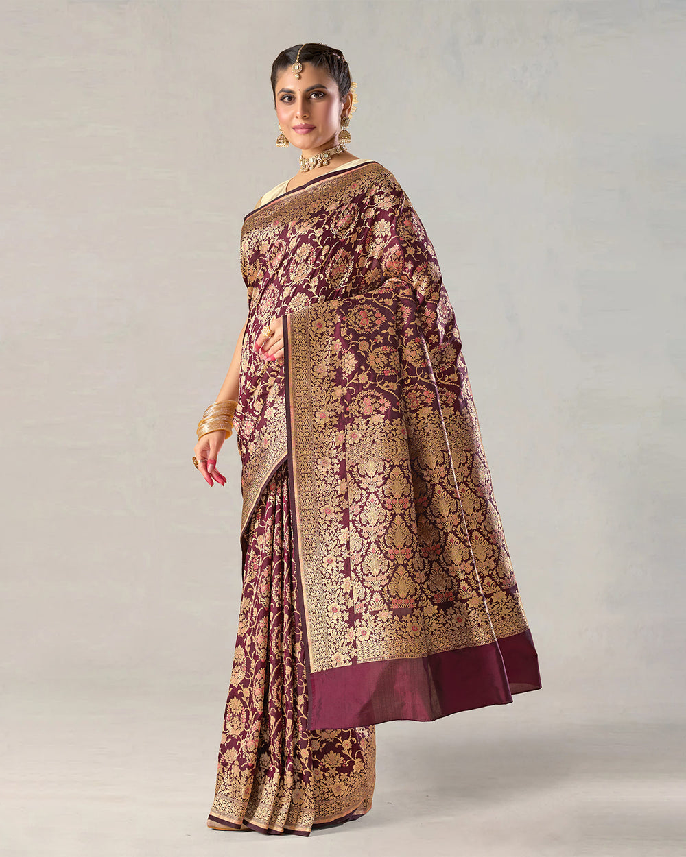 Deep Wine Pure Katan Saree with Regal Zari Jaal and Rich Pallu