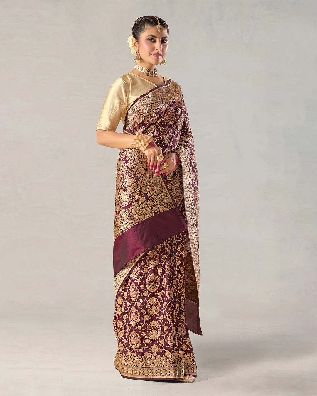 Deep Wine Pure Katan Saree with Regal Zari Jaal and Rich Pallu