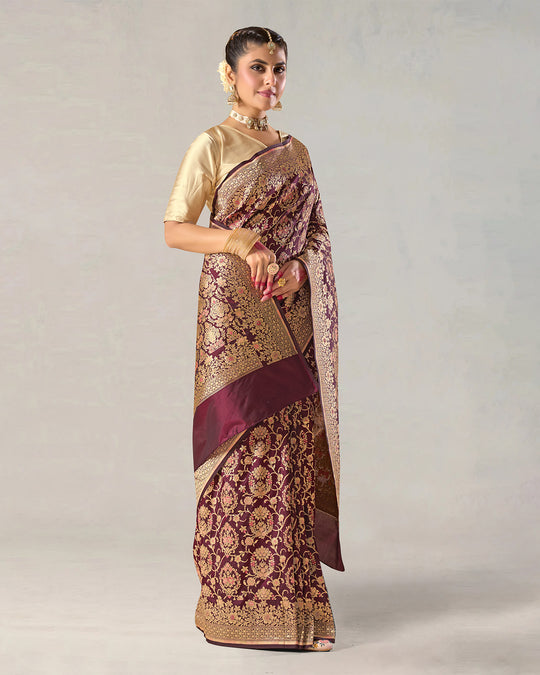 Deep Wine Pure Katan Saree with Regal Zari Jaal and Rich Pallu