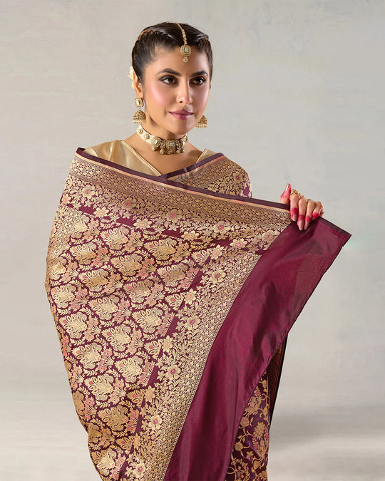 Deep Wine Pure Katan Saree with Regal Zari Jaal and Rich Pallu