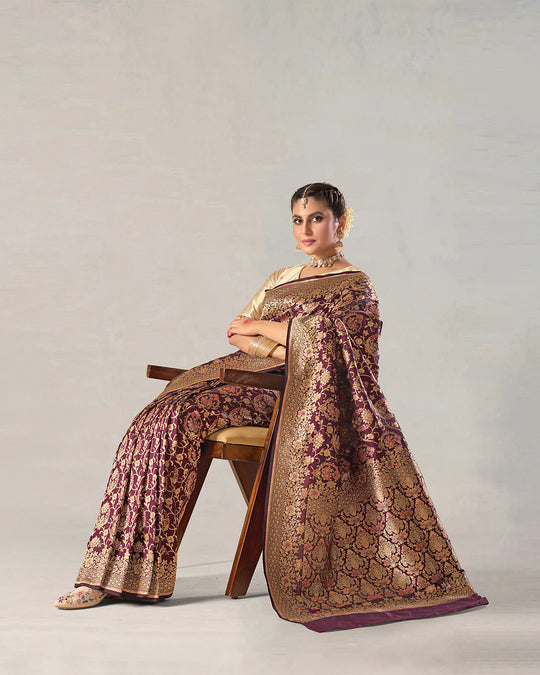 Deep Wine Pure Katan Saree with Regal Zari Jaal and Rich Pallu
