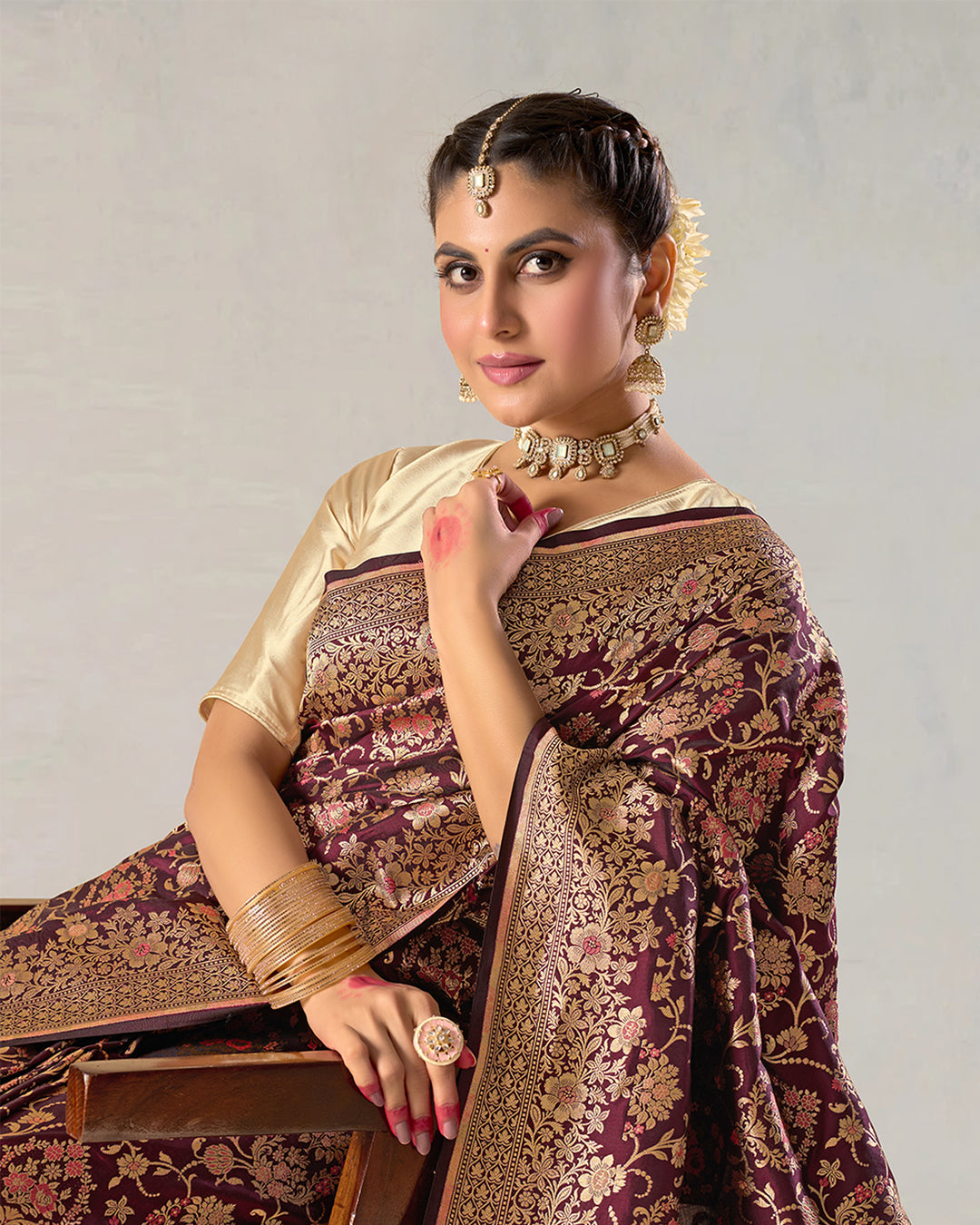 Deep Wine Pure Katan Saree with Regal Zari Jaal and Rich Pallu