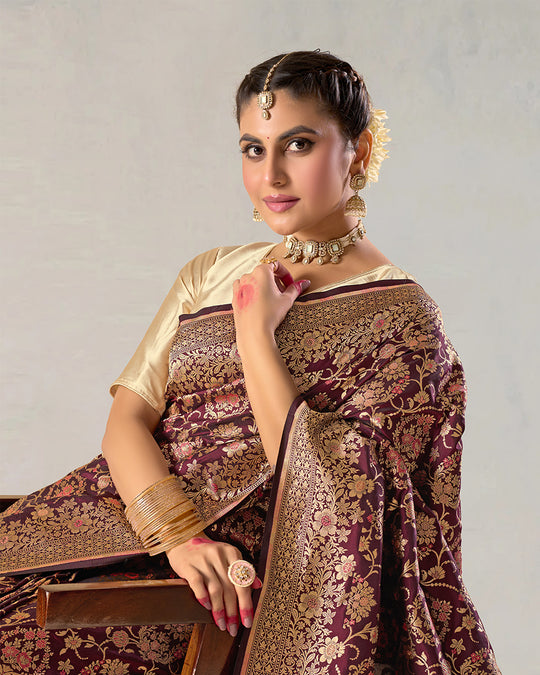 Deep Wine Pure Katan Saree with Regal Zari Jaal and Rich Pallu