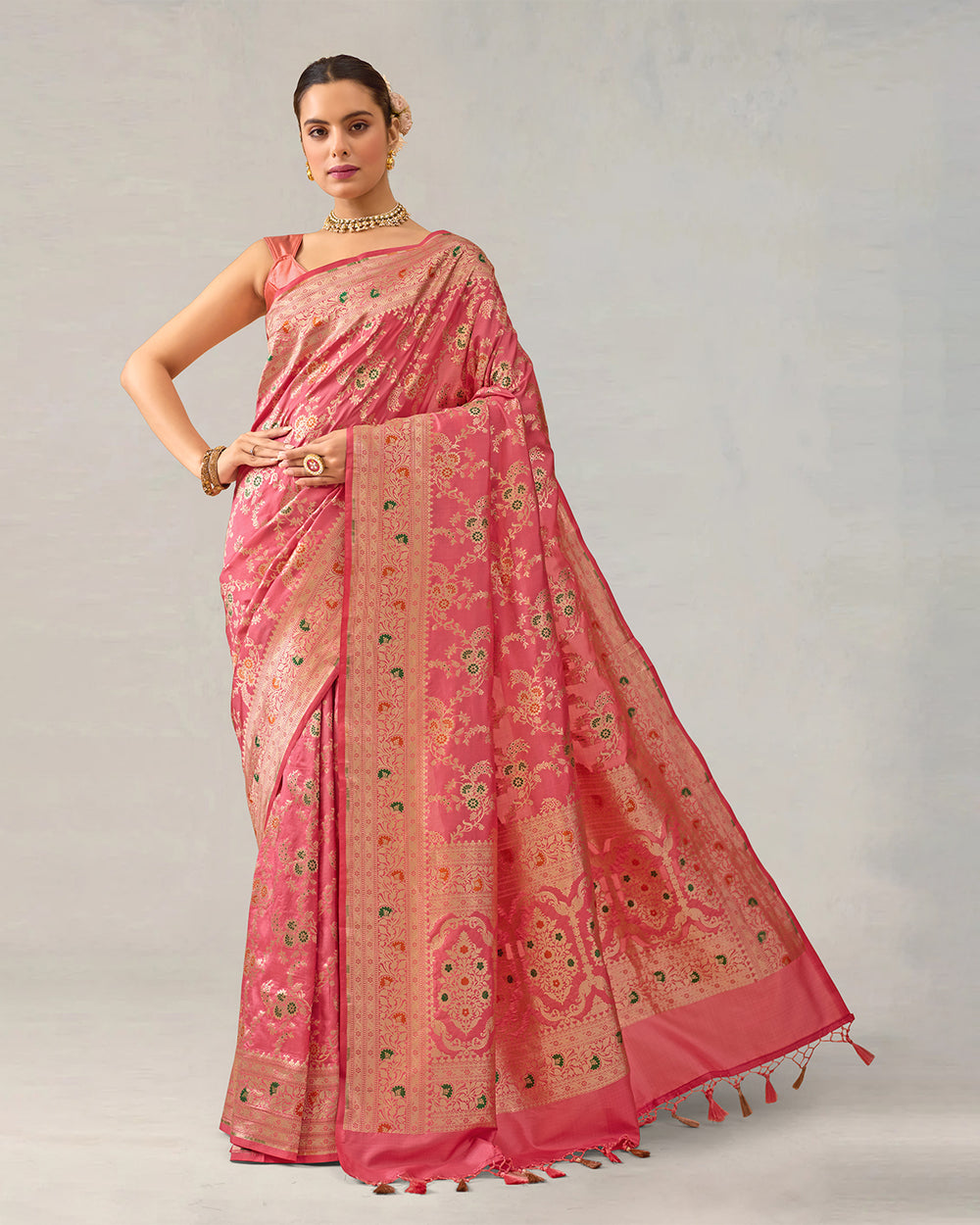 Pink Pure Katan Saree With Floral Meenakari Jaal Work