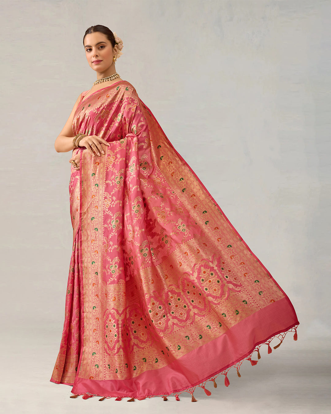 Pink Pure Katan Saree With Floral Meenakari Jaal Work