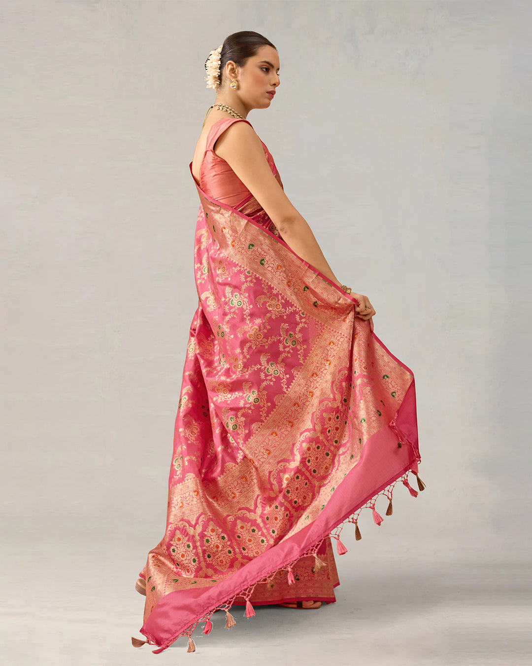 Pink Pure Katan Saree With Floral Meenakari Jaal Work