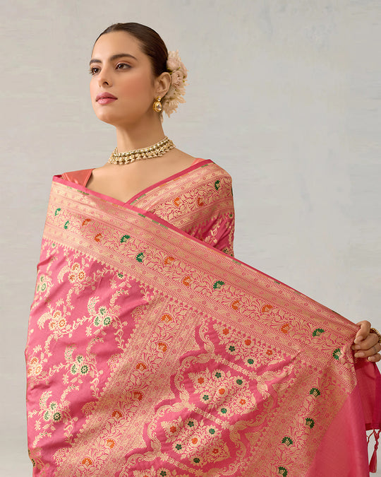 Pink Pure Katan Saree With Floral Meenakari Jaal Work