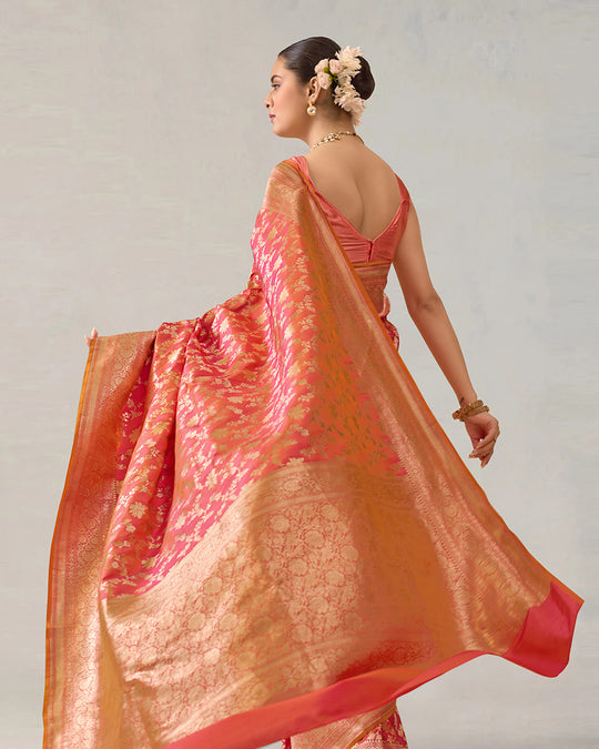 Double-Tone Pink Pure Katan Saree with Intricate Jaal Weaves