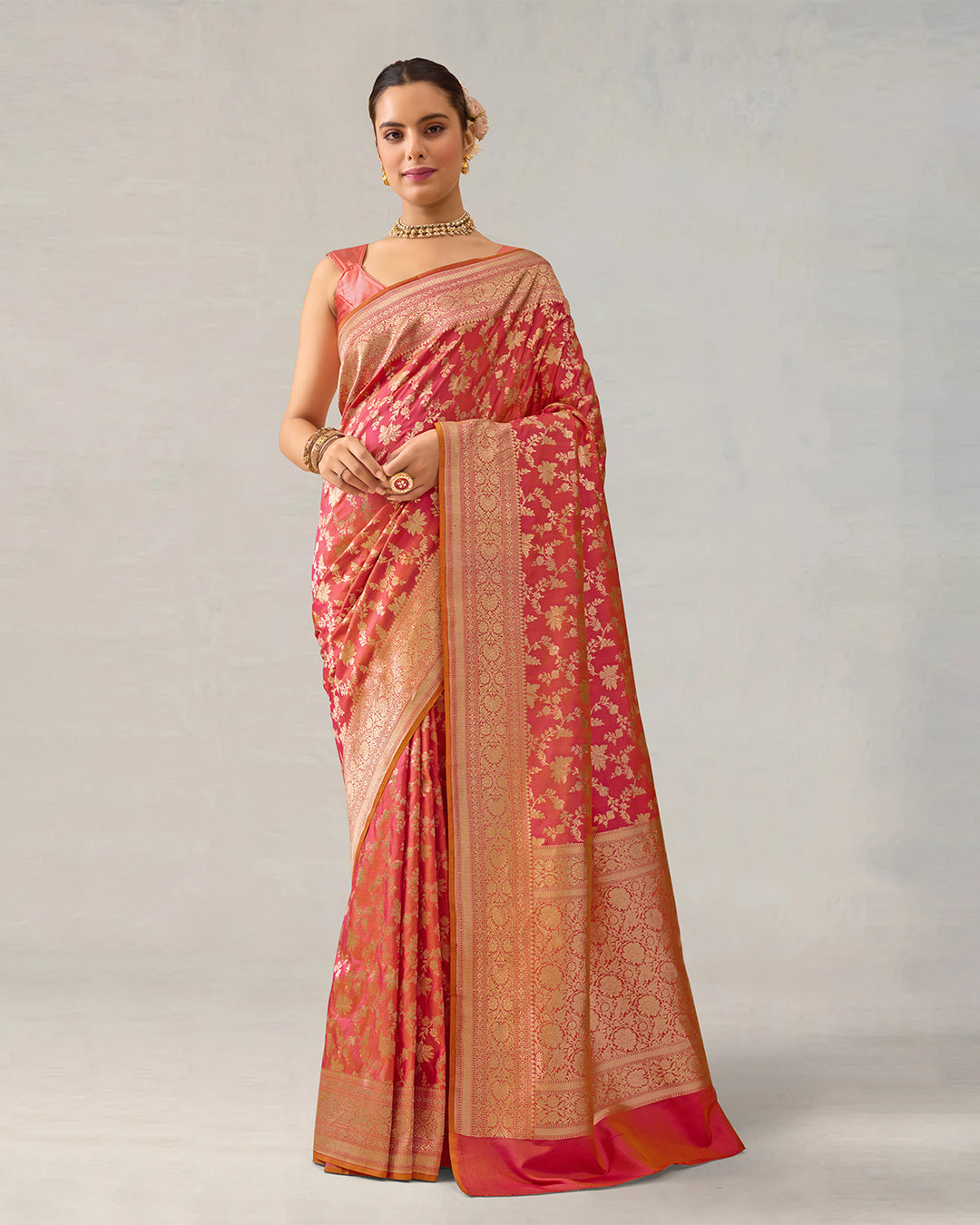 Double-Tone Pink Pure Katan Saree with Intricate Jaal Weaves