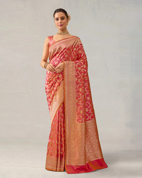 Double-Tone Pink Pure Katan Saree with Intricate Jaal Weaves