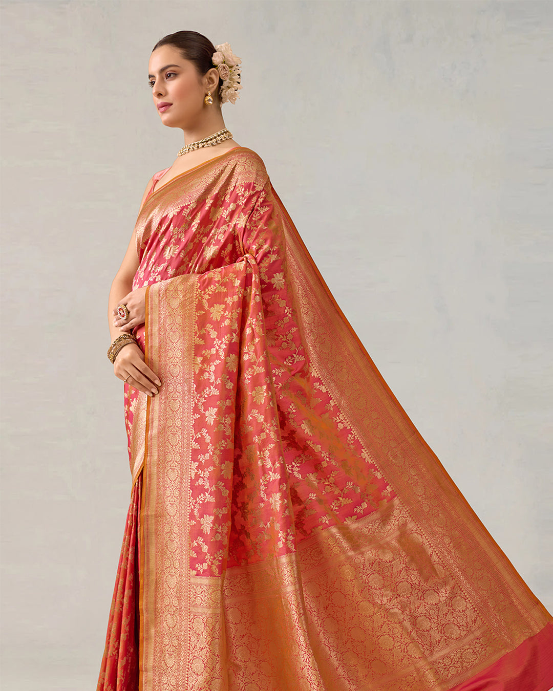 Double-Tone Pink Pure Katan Saree with Intricate Jaal Weaves