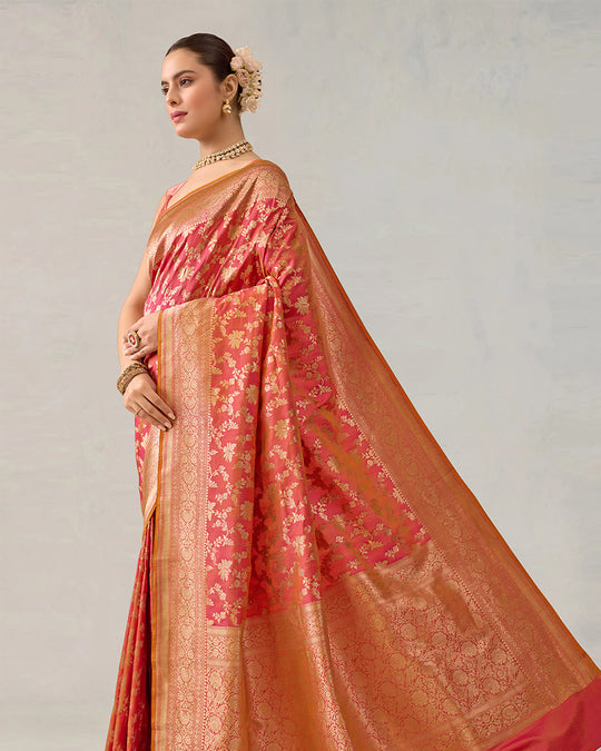 Double-Tone Pink Pure Katan Saree with Intricate Jaal Weaves
