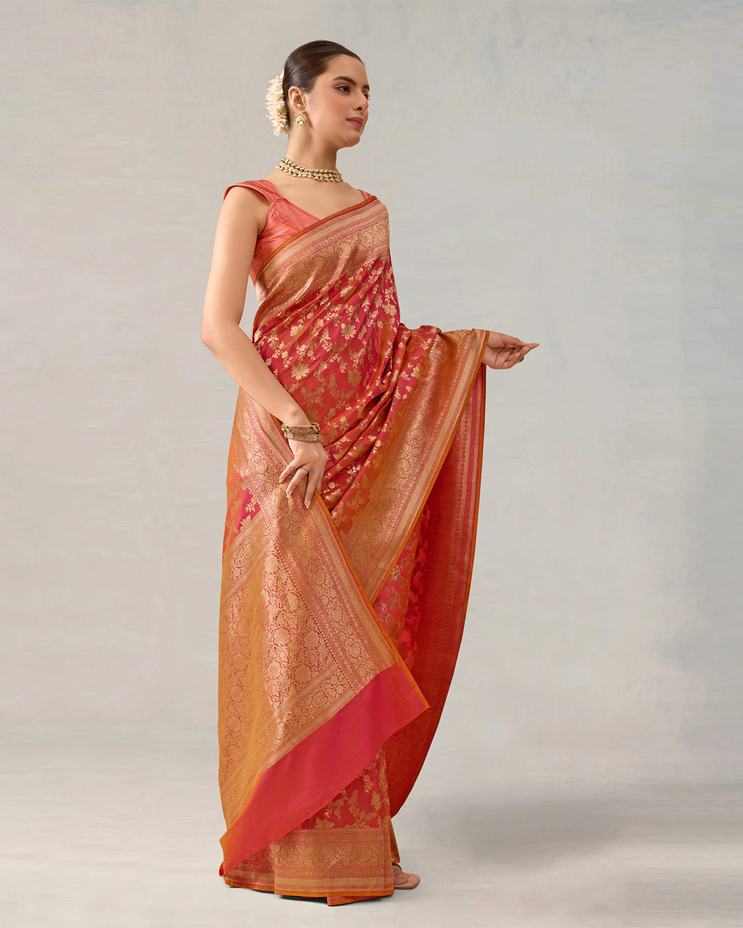 Double-Tone Pink Pure Katan Saree with Intricate Jaal Weaves