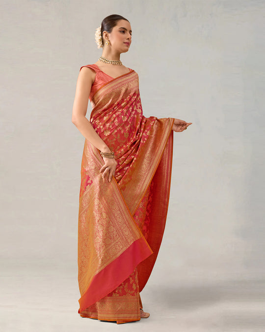 Double-Tone Pink Pure Katan Saree with Intricate Jaal Weaves