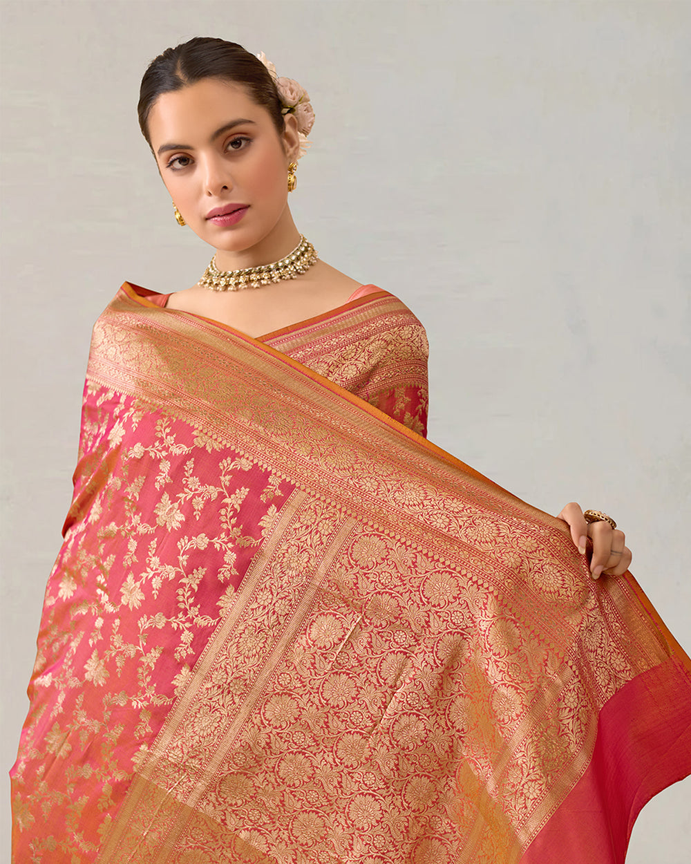 Double-Tone Pink Pure Katan Saree with Intricate Jaal Weaves