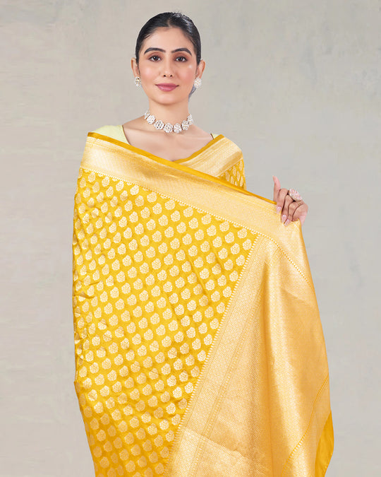 Sunlit Yellow Pure Katan Silk Saree with Traditional Buti Zari Artistry