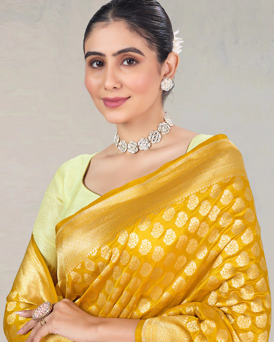 Sunlit Yellow Pure Katan Silk Saree with Traditional Buti Zari Artistry