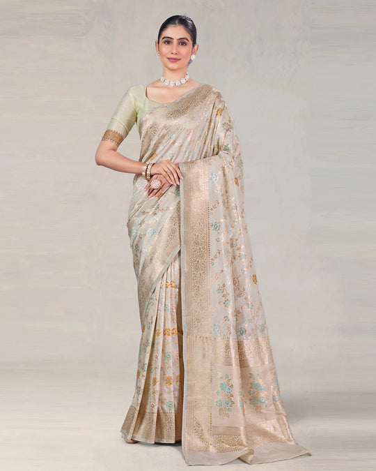 Ivory Pure Katan Saree with Delicate Meenakari Florals and Gilded Weaves