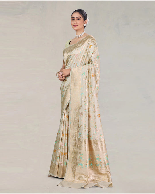 Ivory Pure Katan Saree with Delicate Meenakari Florals and Gilded Weaves