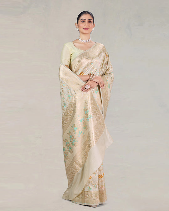 Ivory Pure Katan Saree with Delicate Meenakari Florals and Gilded Weaves