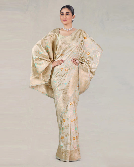 Ivory Pure Katan Saree with Delicate Meenakari Florals and Gilded Weaves