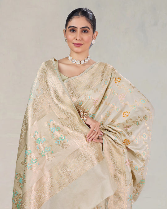 Ivory Pure Katan Saree with Delicate Meenakari Florals and Gilded Weaves