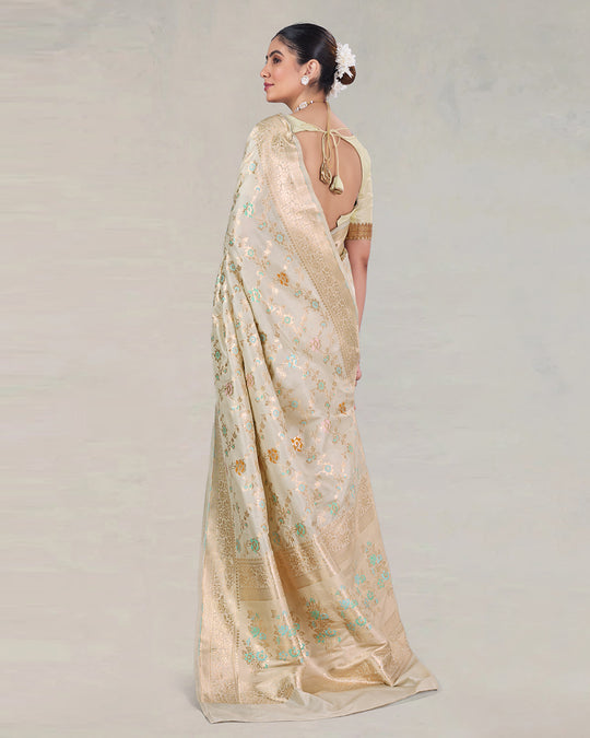Ivory Pure Katan Saree with Delicate Meenakari Florals and Gilded Weaves