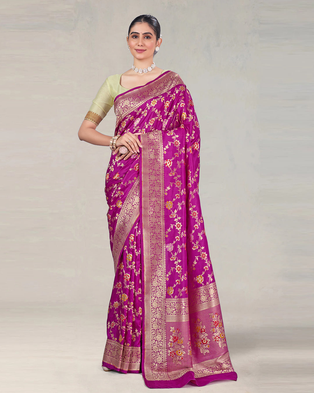Orchid Purple Pure Katan Saree with Floral Multicolor Meenakari Jaal Weaves