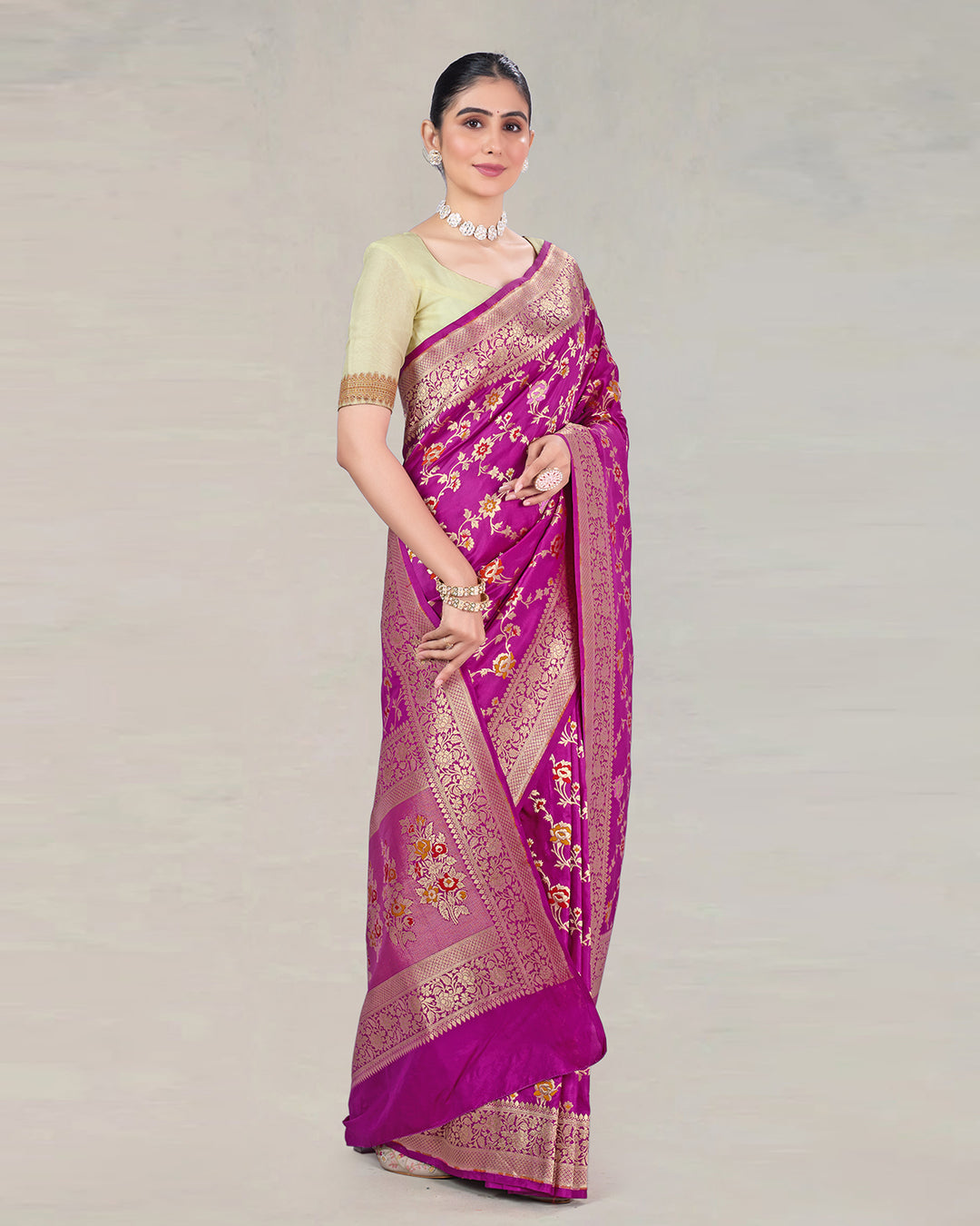 Orchid Purple Pure Katan Saree with Floral Multicolor Meenakari Jaal Weaves