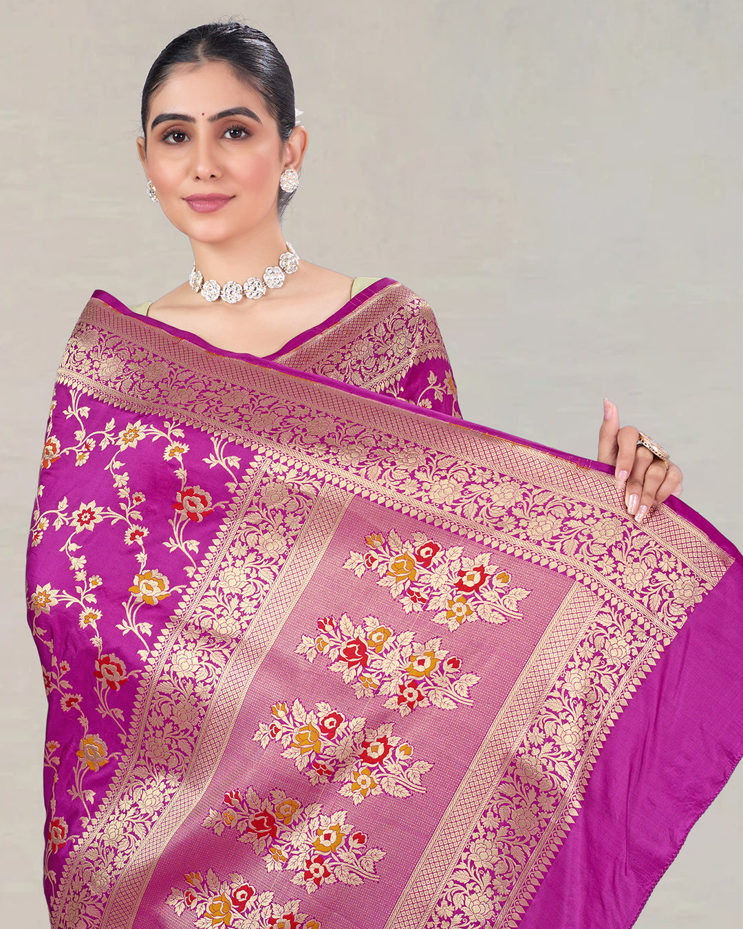 Orchid Purple Pure Katan Saree with Floral Multicolor Meenakari Jaal Weaves