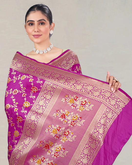 Orchid Purple Pure Katan Saree with Floral Multicolor Meenakari Jaal Weaves