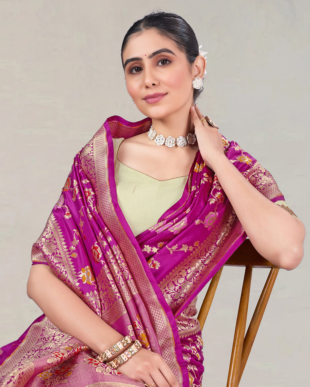 Orchid Purple Pure Katan Saree with Floral Multicolor Meenakari Jaal Weaves