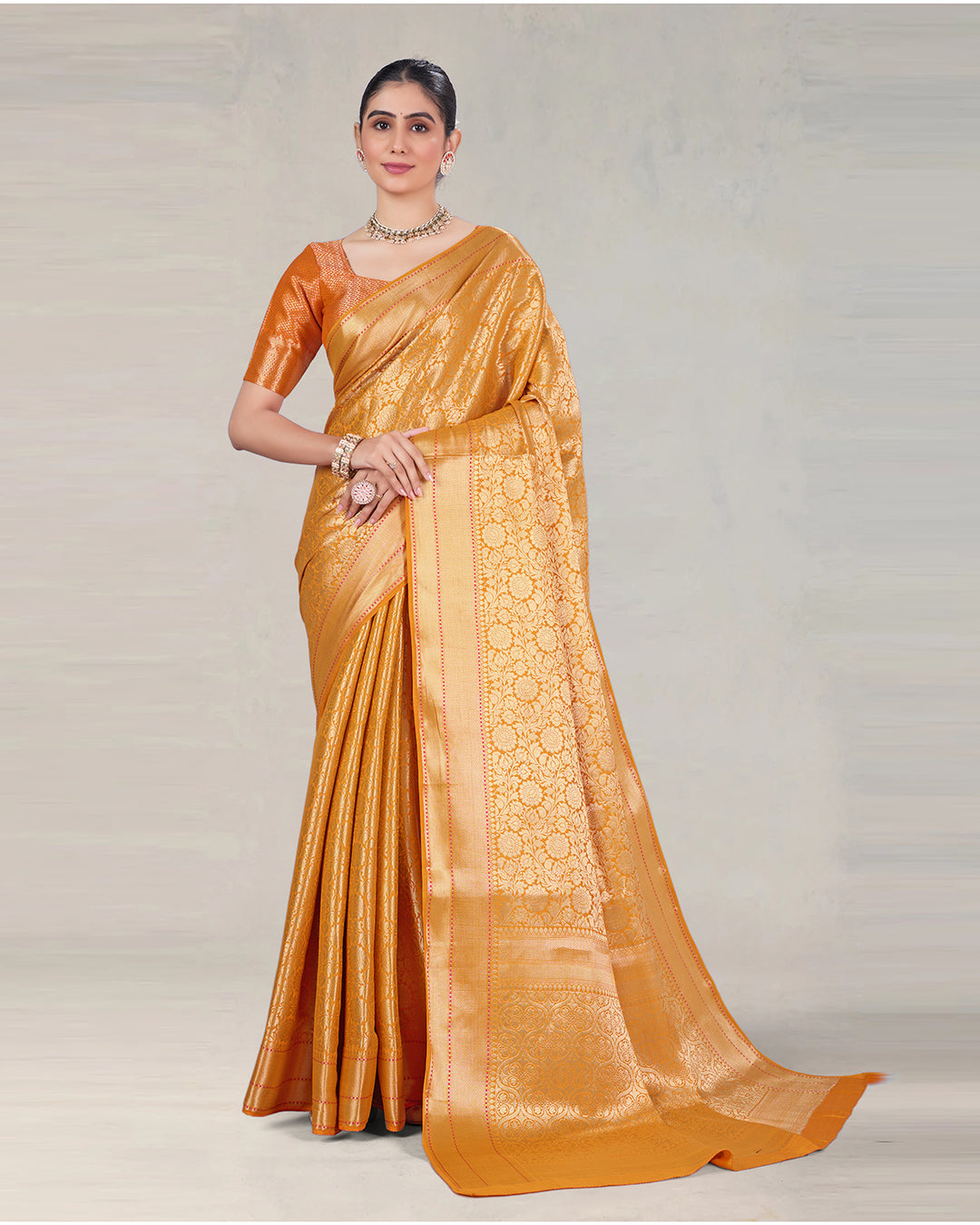 Sunlit Saffron Pure Banarasi Saree with Lustrous Weaving and Vintage Zari Patterns