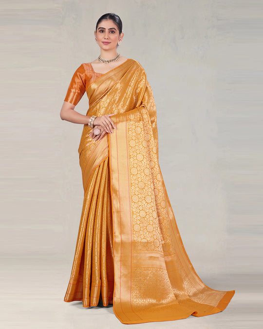 Sunlit Saffron Pure Banarasi Saree with Lustrous Weaving and Vintage Zari Patterns
