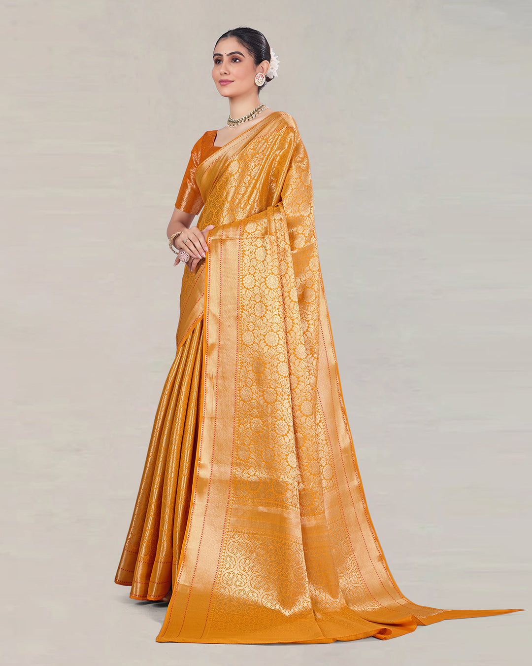Sunlit Saffron Pure Banarasi Saree with Lustrous Weaving and Vintage Zari Patterns