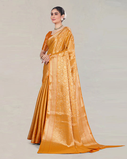 Sunlit Saffron Pure Banarasi Saree with Lustrous Weaving and Vintage Zari Patterns
