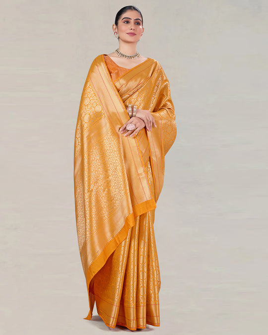 Sunlit Saffron Pure Banarasi Saree with Lustrous Weaving and Vintage Zari Patterns