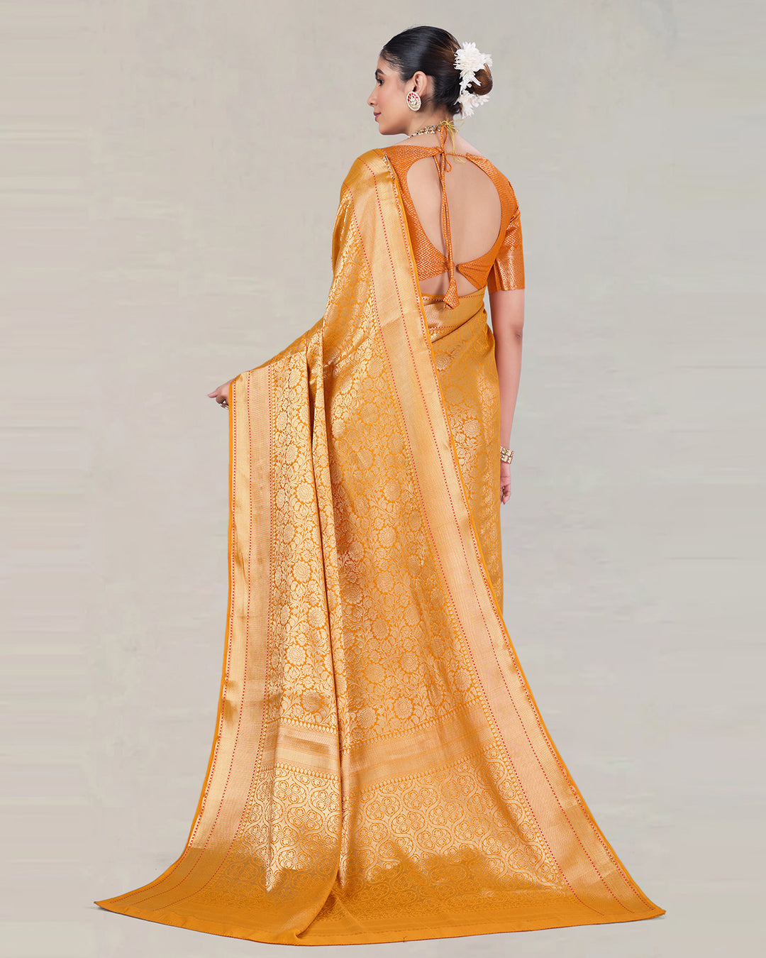 Sunlit Saffron Pure Banarasi Saree with Lustrous Weaving and Vintage Zari Patterns