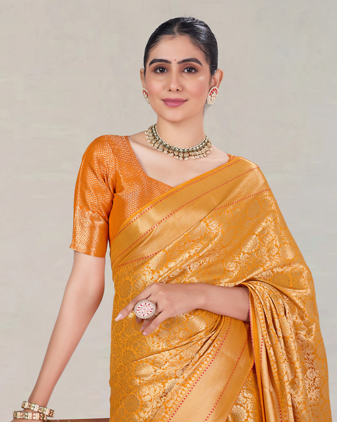 Sunlit Saffron Pure Banarasi Saree with Lustrous Weaving and Vintage Zari Patterns