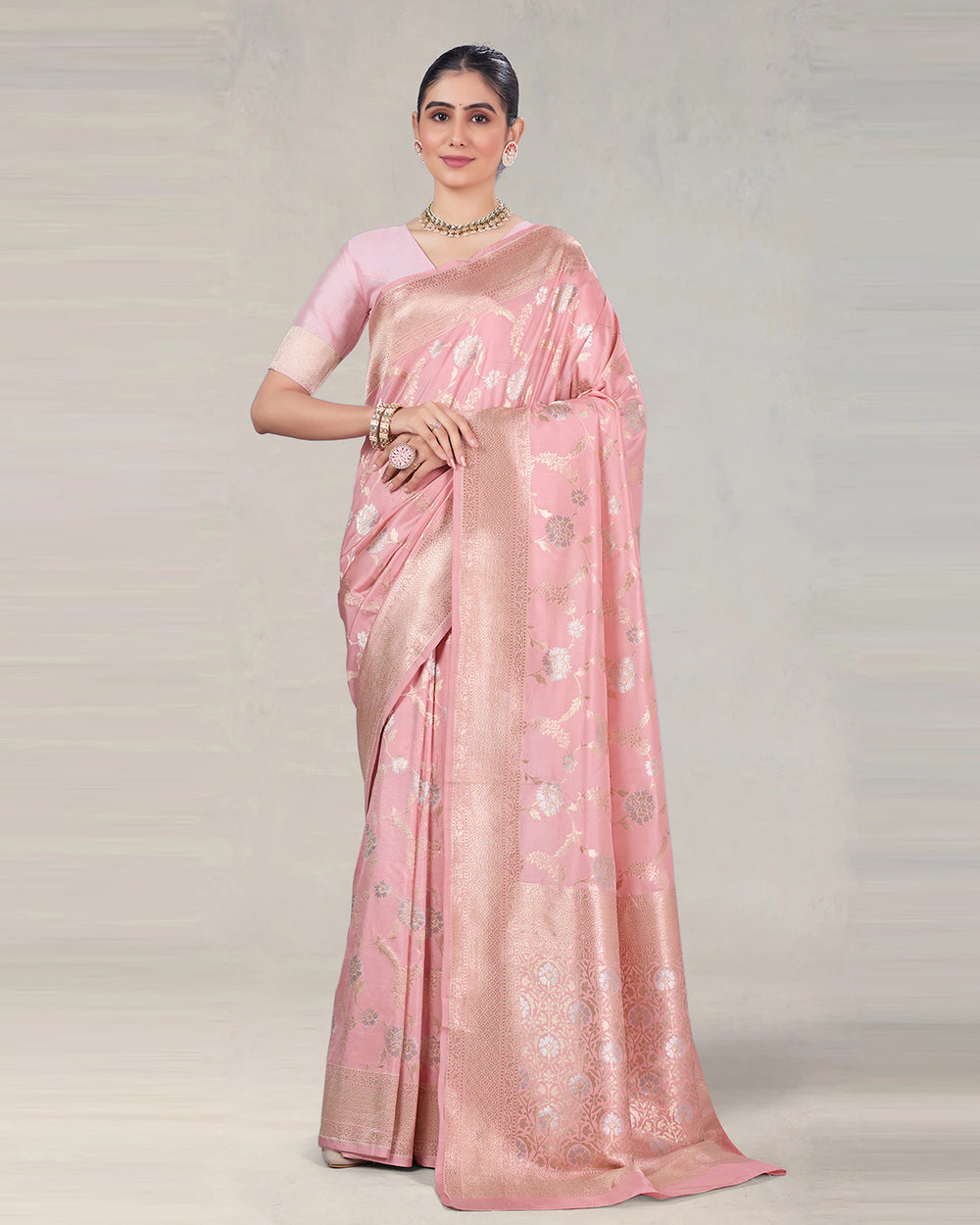 Light Pink Pure Katan Saree with Meenakari Floral Artistry and Jaal Work