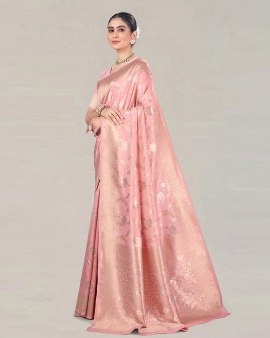 Light Pink Pure Katan Saree with Meenakari Floral Artistry and Jaal Work