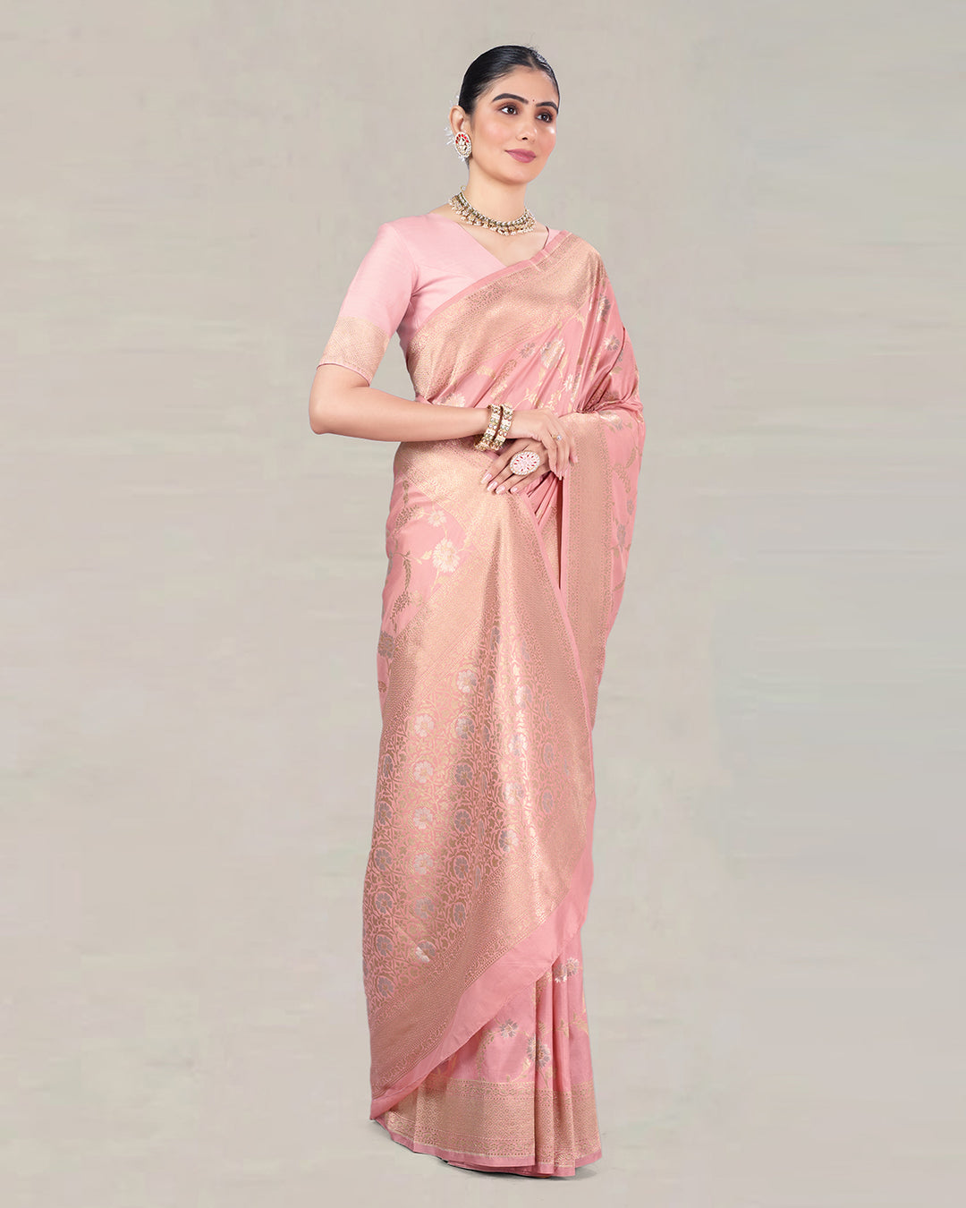 Light Pink Pure Katan Saree with Meenakari Floral Artistry and Jaal Work